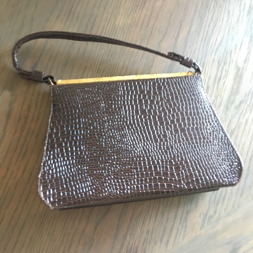 Vintage Handbag Chocolate Brown Croc Pattern with gold tone trim by After Five - Picture 4 of 16